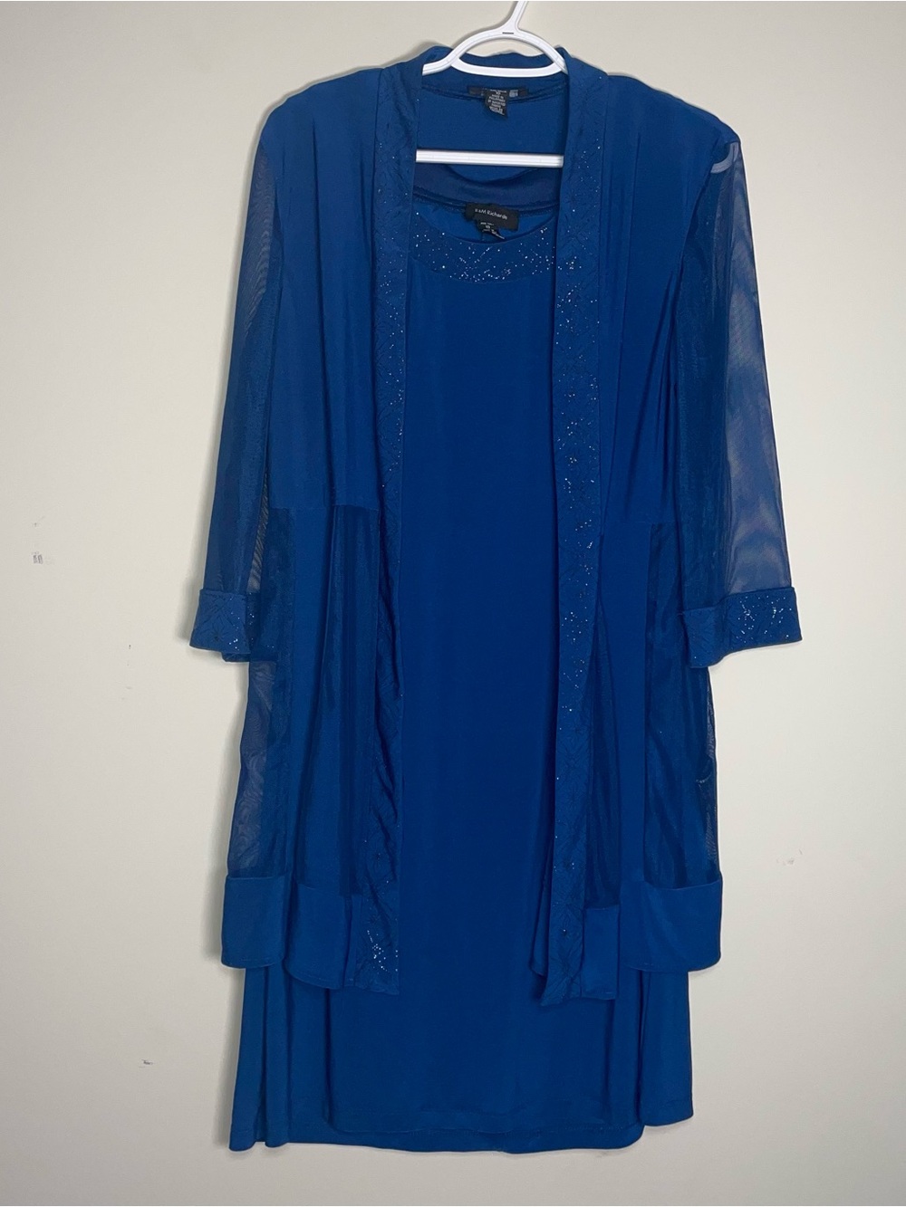 VTG R&M Richards 10 Deep Blue Shimmer Floral Lined Mesh Cardigan And Dress Set